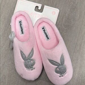 PLAYBOY Pink Plush Slippers with Silver Logo